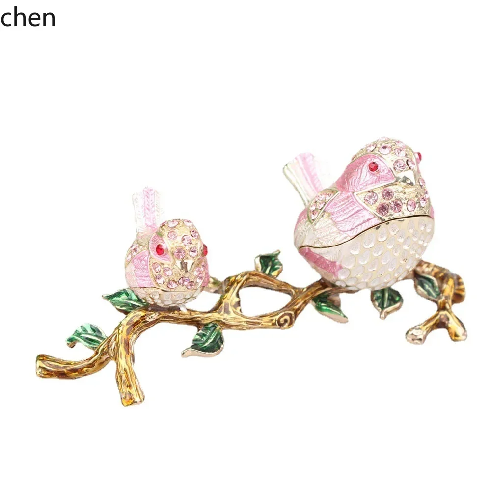 DSA  Alloy Enamel Craft Diamond-Encrusted Ornament Mother and Child Lovebirds Jewelry Box Home Desktop Decoration Gift