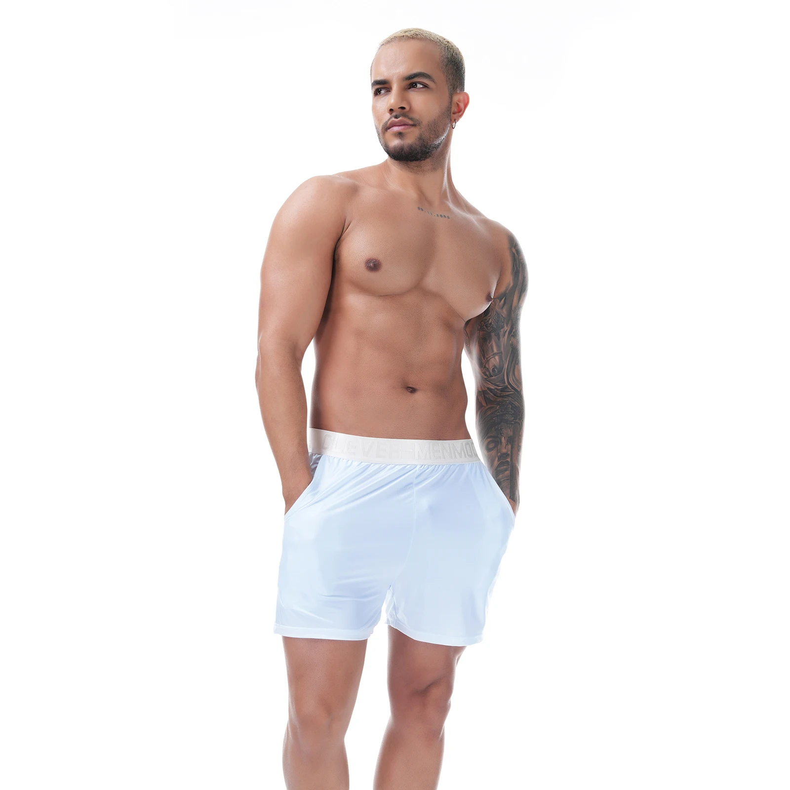 Glänzende Herren-Satin-Boxershorts mit breitem Bund, locker sitzende Boxershorts, glatte, dehnbare Lounge- und Schlafunterwäsche, Homewear-Unterhosen – Detail 15