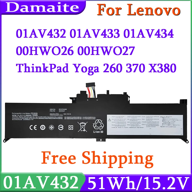 

01AV434 01AV432 Laptop Battery 00HW026 00HW027 For Lenovo ThinkPad Yoga 260 370 X380 SB10K97589 SB10K97590 SB10K97591 51WH