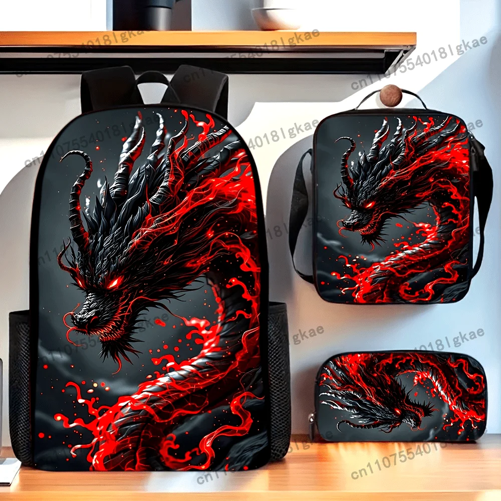 Fierce dragon head Backpack 3pcs, including backpack lunch box pencil case, suitable for daily school, mountain climbing and out