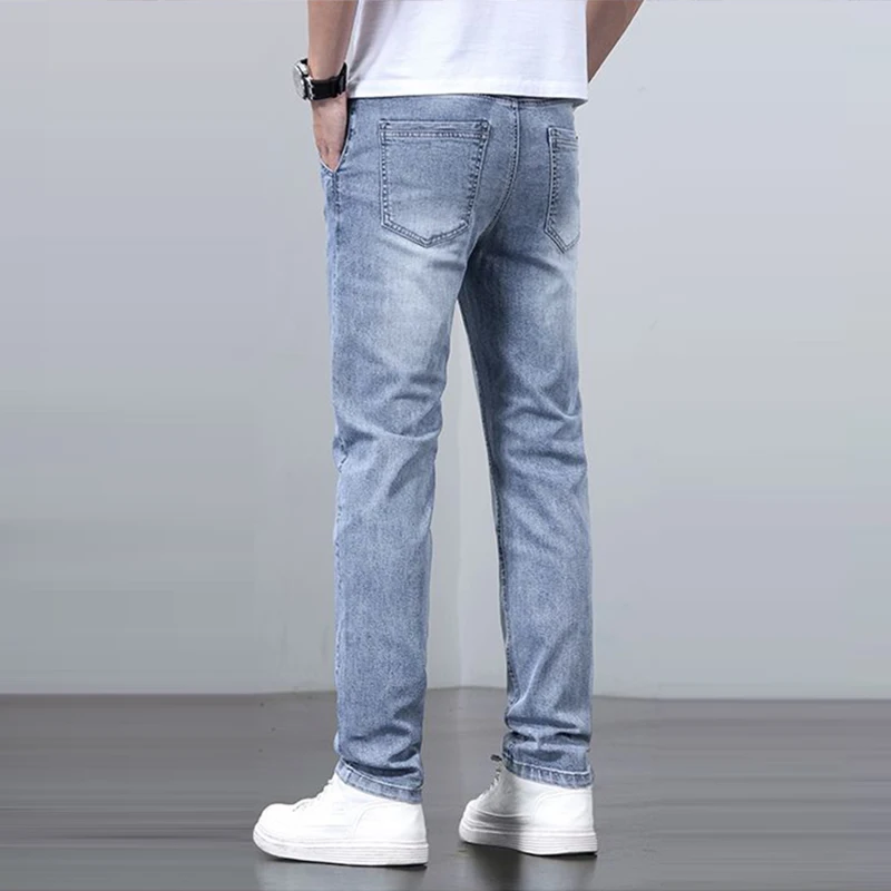 Versátil fino ajuste respirável calças 2025 homens primavera verão estilo básico impressão jeans masculino elasticidade solta calças jeans retas