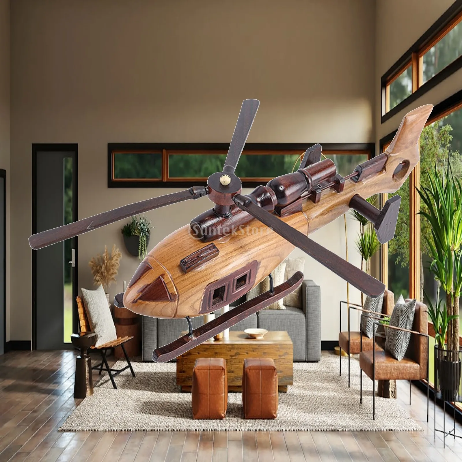 Miniature Wood Helicopter Craft Classic Biplane Style Desktop Figurine with Removable Wheels for Room Decor