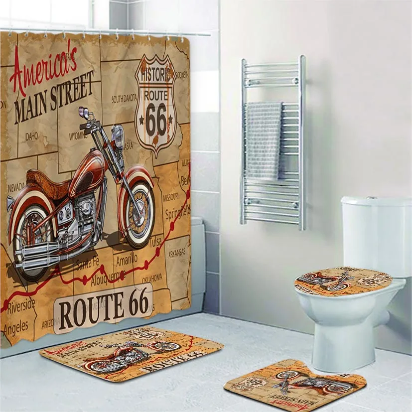 Imagem -03 - Vintage Route 66 Cortinas de Chuveiro Banheira Cortina Conjunto para Banheiro Retro Americano Old Car Bath Mat Rug Decor Cartaz da Motocicleta