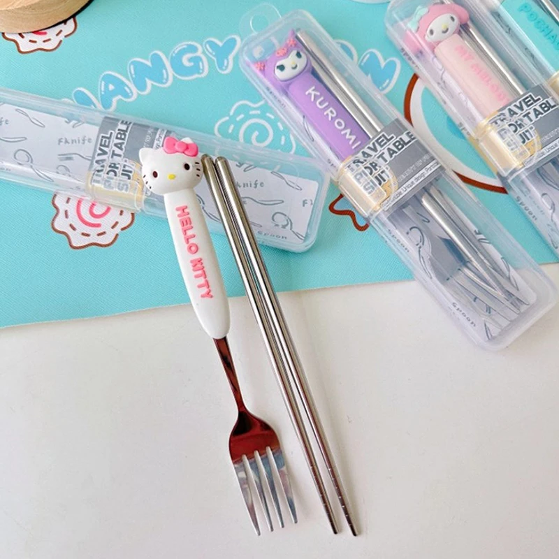 Sanrio Chopsticks Set Hello Kitty Cinnamoroll 304 Stainless Steel Camping Portable Student Tableware Kawaii Kids Gift