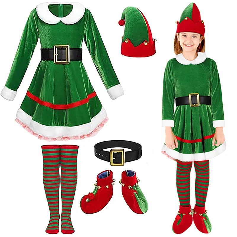 2024 Girl Christmas Elf Costume Set Velvet Dress Belt Striped High Socks Elf Hat Shoes Xmas Outfit Santa's Helper Fancy Dress