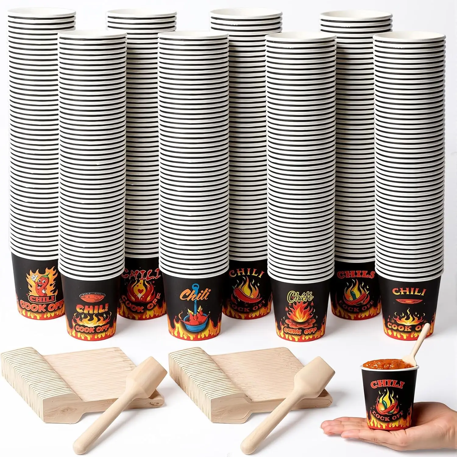 

400 Pcs 7 oz Chili Cook off Cups Sets 400 Disposable Chili Tasting Cups 400 Wooden Spoons for Mexican Cook off Party Dec