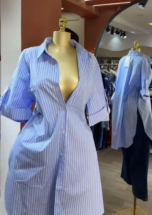 

Woman Blouse 2025 Spring Summer New Fashion Striped Print Turn-Down Collar Single Breasted Short Sleeved Mid Length Shirt Top
