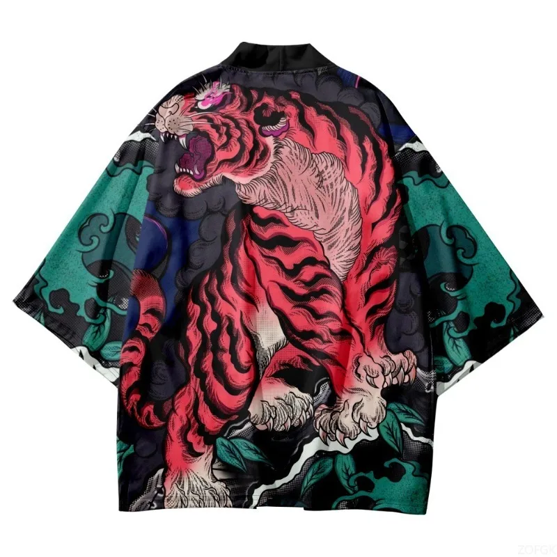 3D Black Kimono Cardigan Men Women Japanese Obi Male Yukata Boys Haori Anime Tiger Print Coat Japanese Traditional Clothing