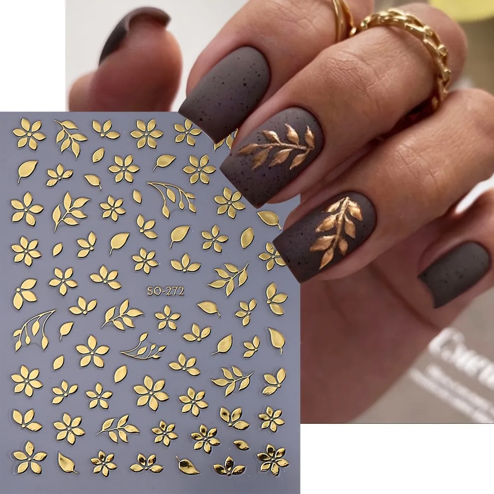 Floral Leaf Nail Stickers Gold Hollow 3D Spring Summer DIY Self Adhesive Nail Art Decals for Women