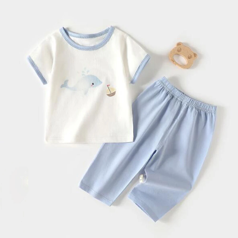Baby Outfits For Boys Summer Cotton Short Sleeve Tshirt Pants Two Pieces Thin Air Conditioning Room Infant Clothes Baby Girl Set