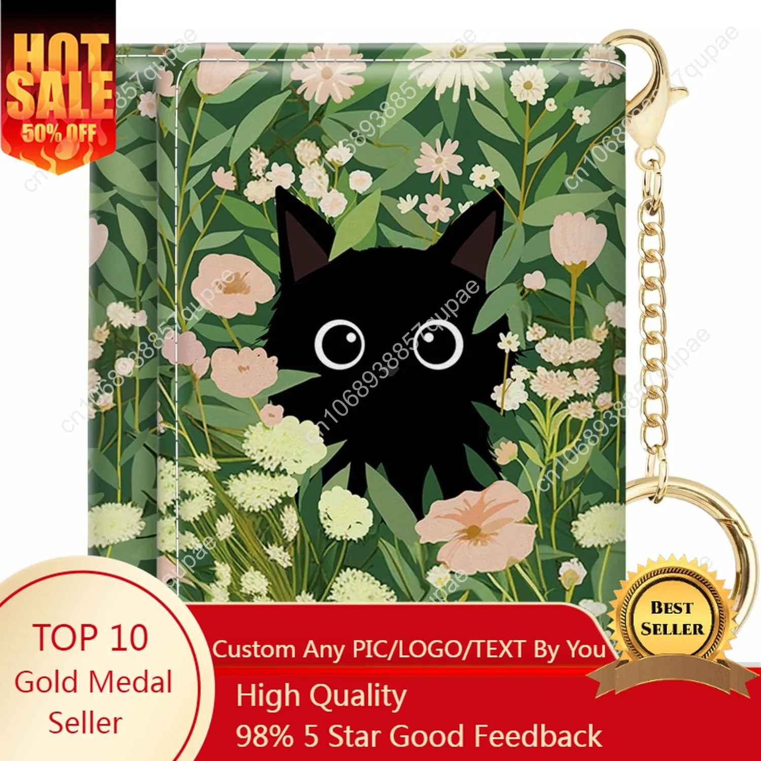 

Black Cat Floral Womens Wallet, Small Slim RFID Blocking Card Wallets, Cute Trifold PU Leather Card Holder Wallet Organizer, Min