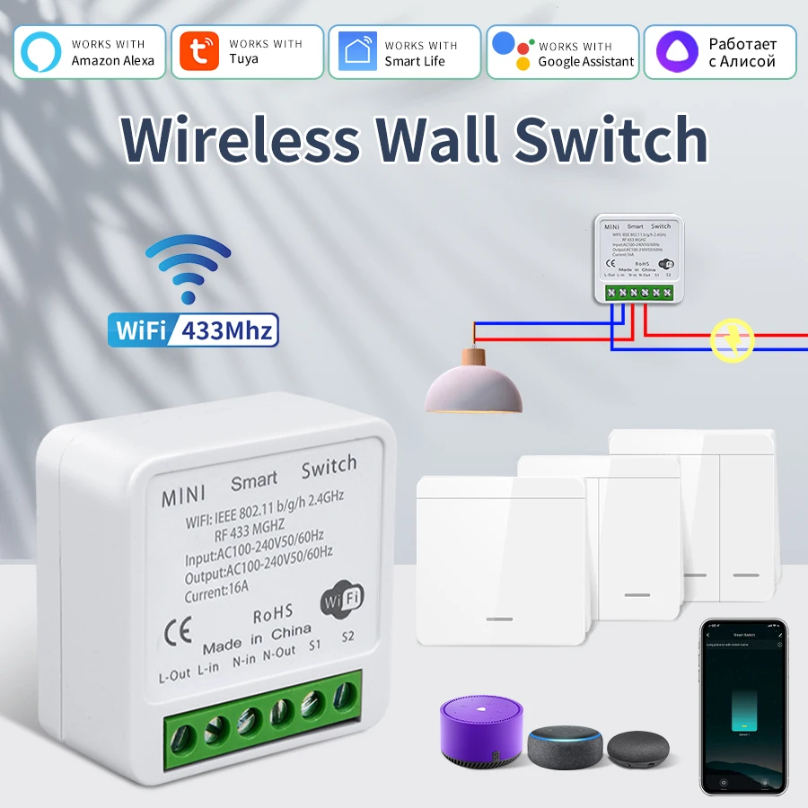 

Умный Wi-Fi-переключатель Tuya для освещения RF 433 МГц, беспроводной переключатель Smart Life, приложение, голосовое управление, работа с Alice Alexa Google Home