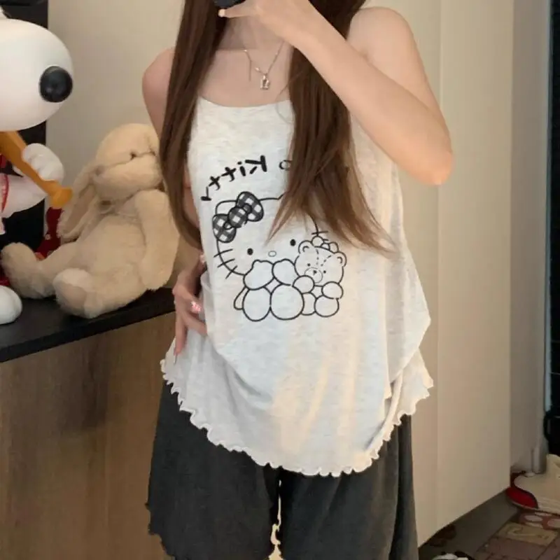 Летние пижамы без рукавов Sanrio, 2 шт., жилет с героями мультфильмов Kuromi для девочек, популярные студенческие шорты «Hello Kitty», модная домашняя одежда My Melody