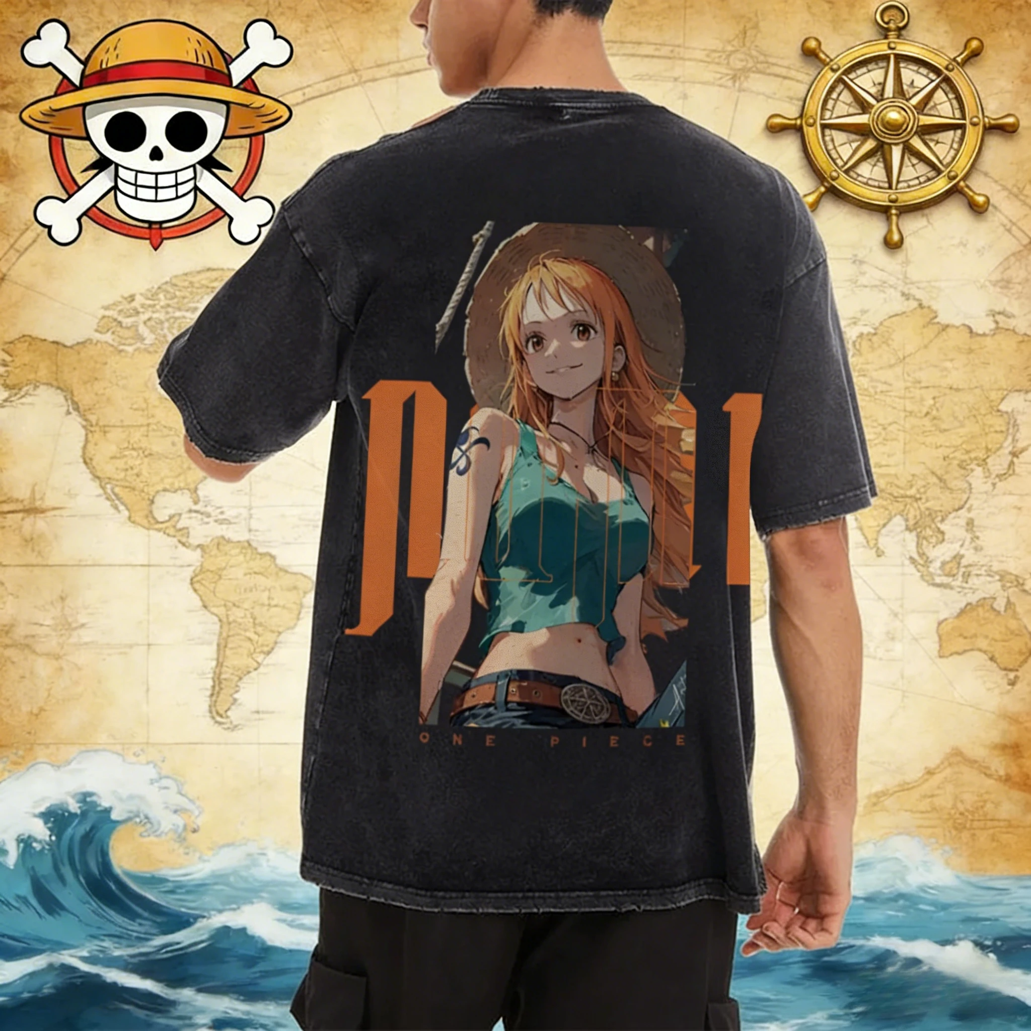 

New ONE PIECE Nami Print Retro Washed Short-sleeved Beach Casual Style Harajuku Street T-shirt Summer Men's and Women's Y2k Top