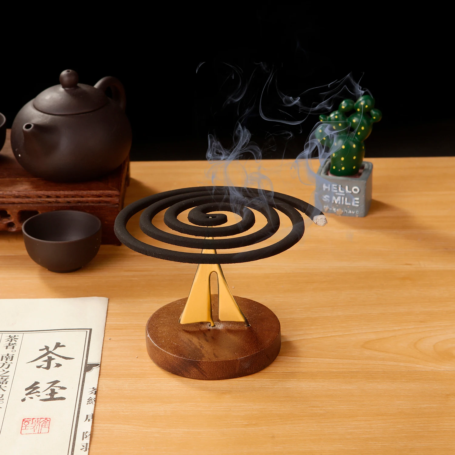 Metal Mosquito Coil Holder Incense Holder with Woodden Base Coil Incense Burner for Household Bedroom Patio