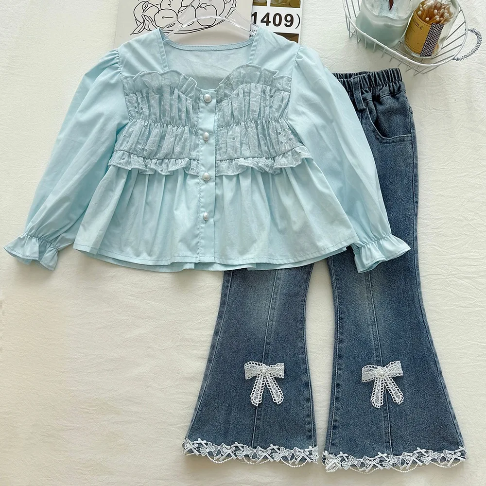 Girl's pearl button square neck lotus leaf doll shirt set autumn new lace lace bow denim bell bottom pants