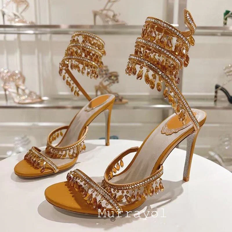 Tassels Rhinestone Decor Thin High Heels Sandalias Women Ankle Snake Shaped Strap Entanglement Sandals Summer Party Dress Shoes