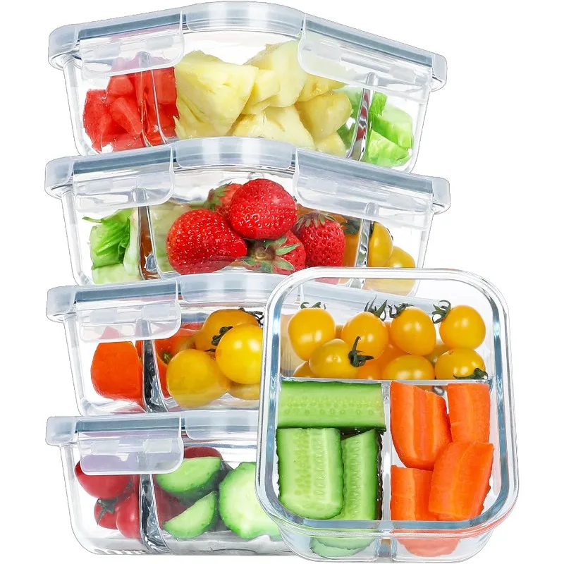 5 Pack 35 Oz Glass Meal Prep Containers 3 Compartments, Glass Food Storage Containers with Lids, Airtight Bento Box Lunch