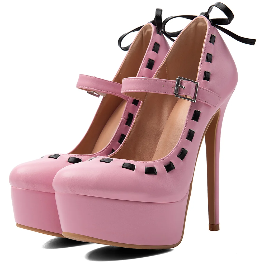 Pink Leather Mary‑Jane Platform Stiletto Pumps Black Contrast Stitching Back Bow Decor Round Toe Adjustable Buckle Shoes