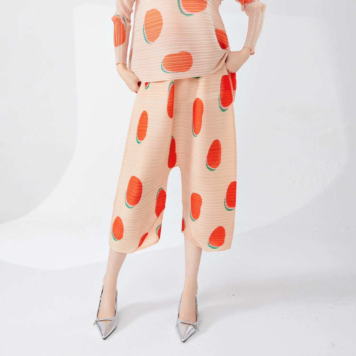 Women's Classic Pleated Wide Leg Pants Plus Size Casual Stretch Printed Polka Dot Design Western Style for Ladies Pants