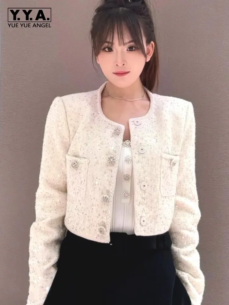 Fashion Ladies Women Tweed Jacket O Neck Diamond Single Breasted Spring Long Sleeve Sequined Beades Women Designer Short Coat