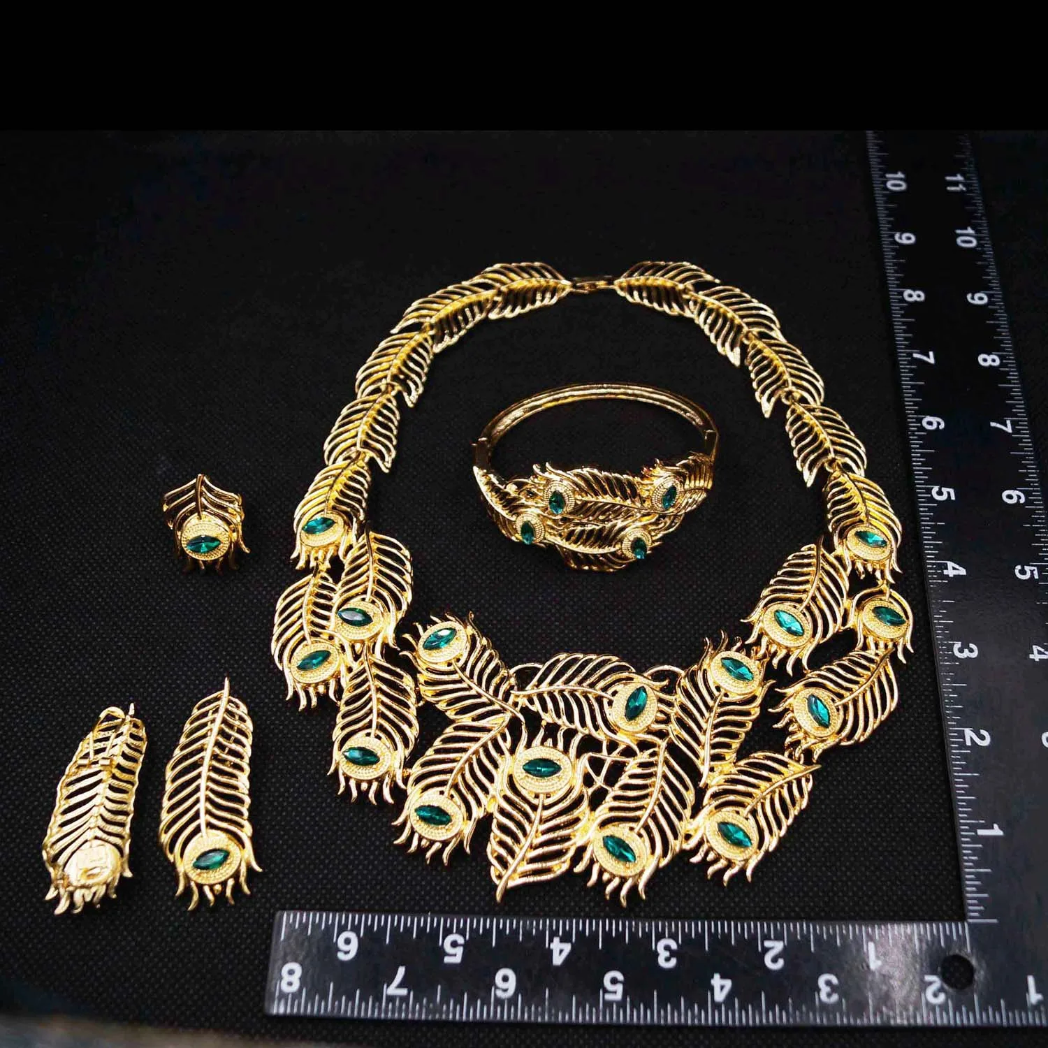 Women Jewelry Sets Feather Green Necklace Earrings Bangle Bracelets Ring Christmas Lovely Gift