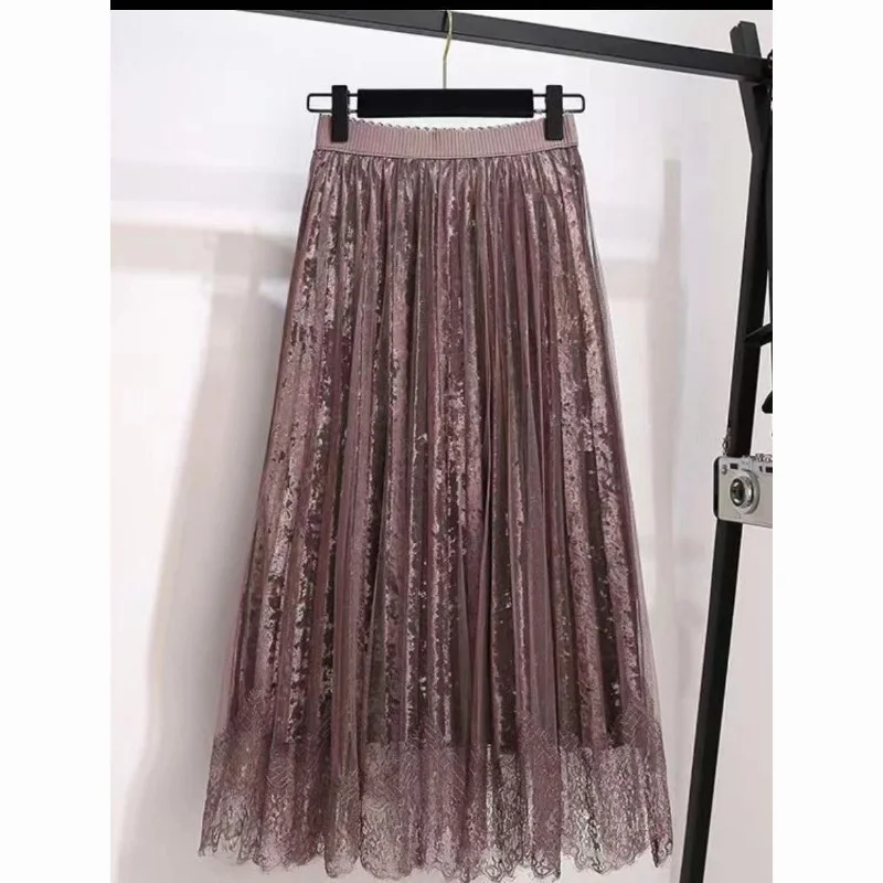 

Fashion Lace Patchwork Gauze Pleated Skirt Slim High Classic Temperament Casual All-match Lady Printing Midi Skirt 2023