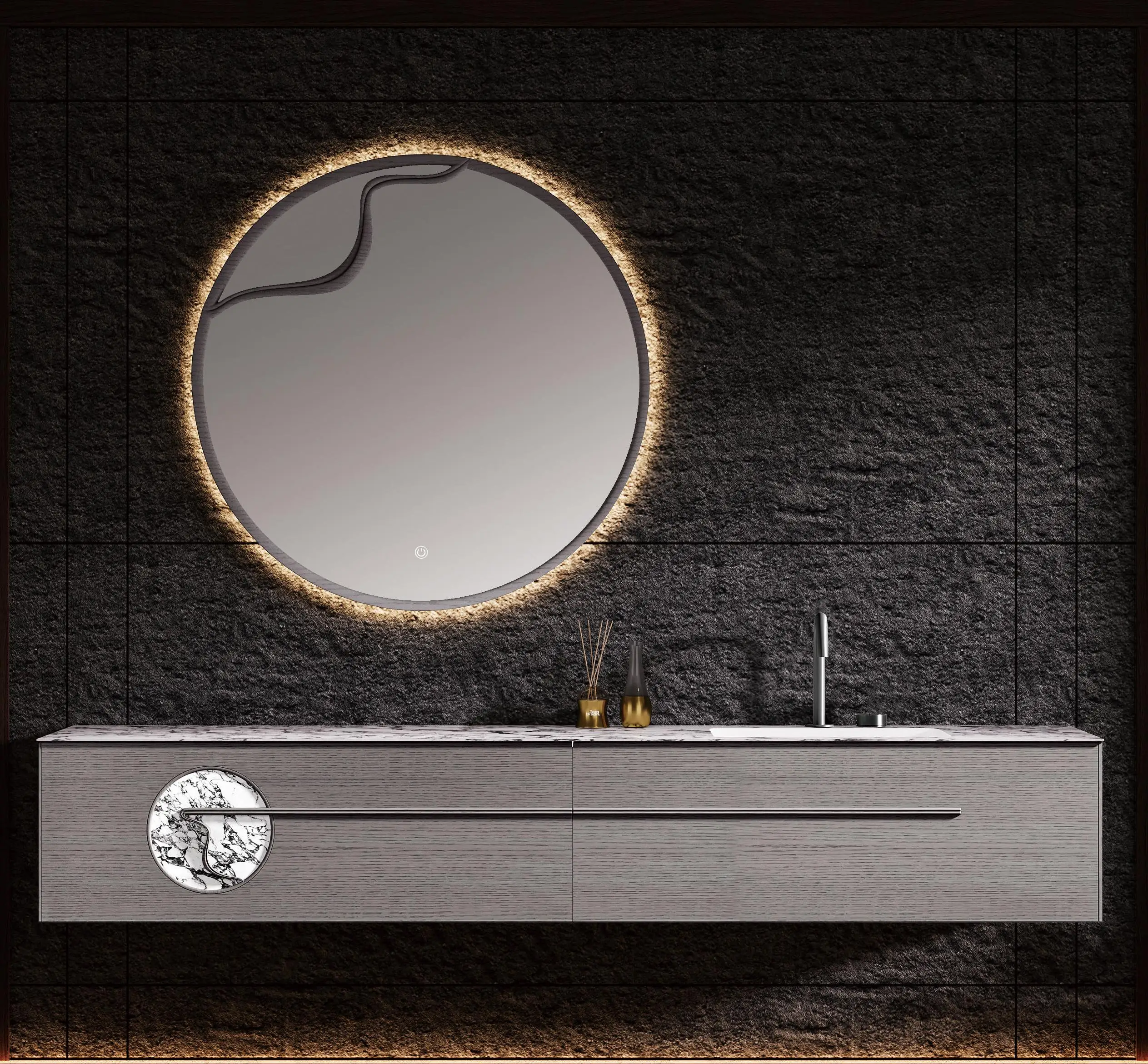 

Hot Sale Modern Smart Bath Mirror Lacquered Solid Wood Waterproof Bathroom Vanities Slate Ceramic Basin For Home Hotel Use