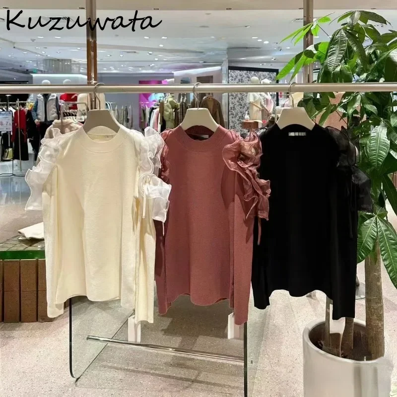 Kuzuwata O Neck Long Sleeve Sweet Fresh Jumper Shoulder Strapless Solid Elegant Fungus Pullovers Japan Knit Fashion Sweaters