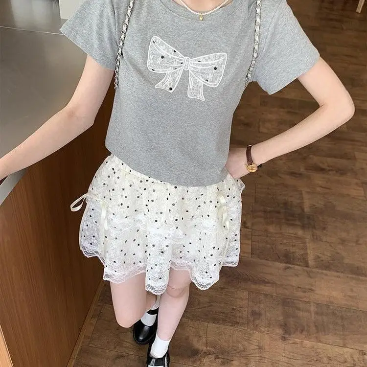 Summer New Women's Short Sleeve T-Shirt Skirt Set High Waist Cake Skirt Commute Casual Style Korean Style Fishing Style Two-P...