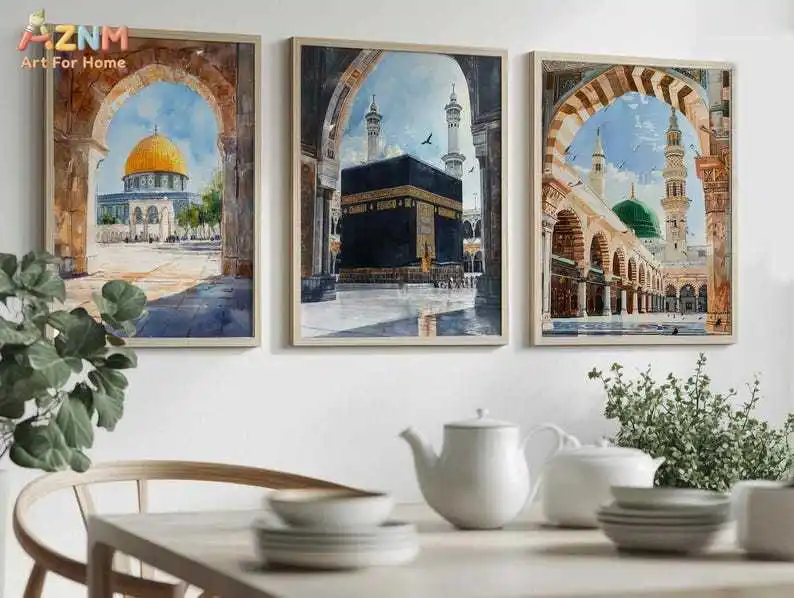 AZNM Watercolor Islamic Holy Places Canvas Wall Art Kaaba Dome of the Rock Prophet Mosque Print Unframed Canvas Painting for Mus