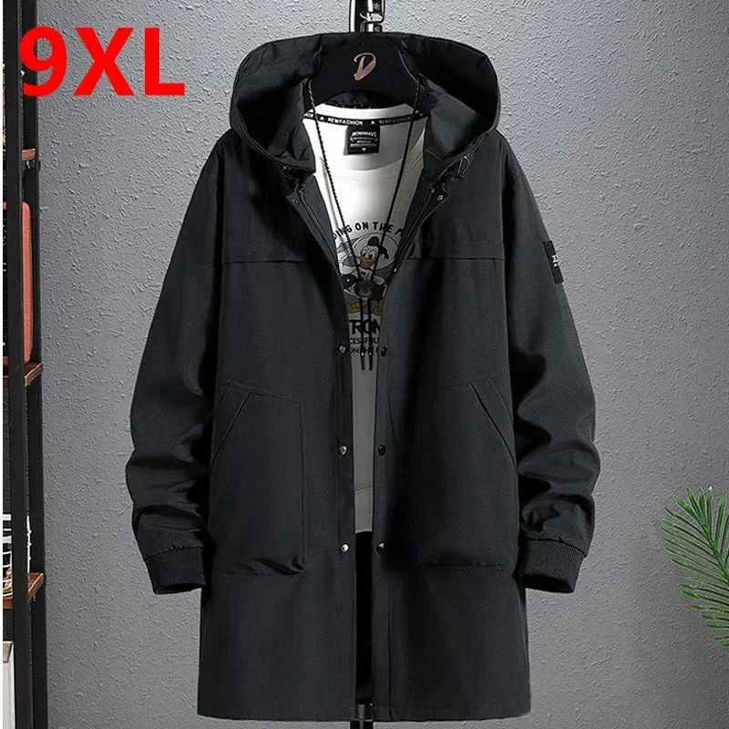 Plus Size Long Windbreaker Spring Autumn New Men's Coat Hooded Jacket for Men 9XL 8XL Men Clothing Trench Coat Men