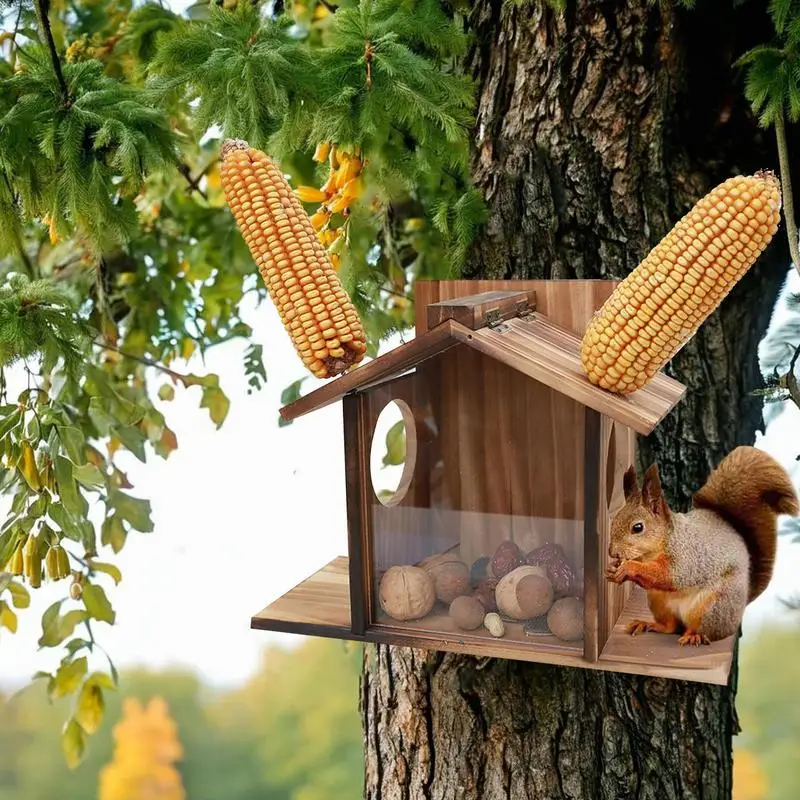 Squirrel Feeding Table Wooden Squirrel Feeder Winter Feeding House Funny Table Feeder Large Feeder Box For Corn & Nuts