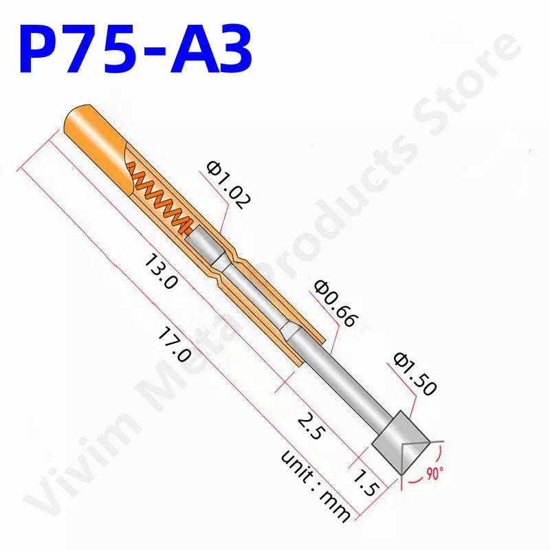 100PCS P75-A3 Spring Test Probe Pogo Pin P75-A 1.50mm Cup Tip Head Nickel Plated 1.02mm Thimble PCB Test Tool Pogo Pin 17mm