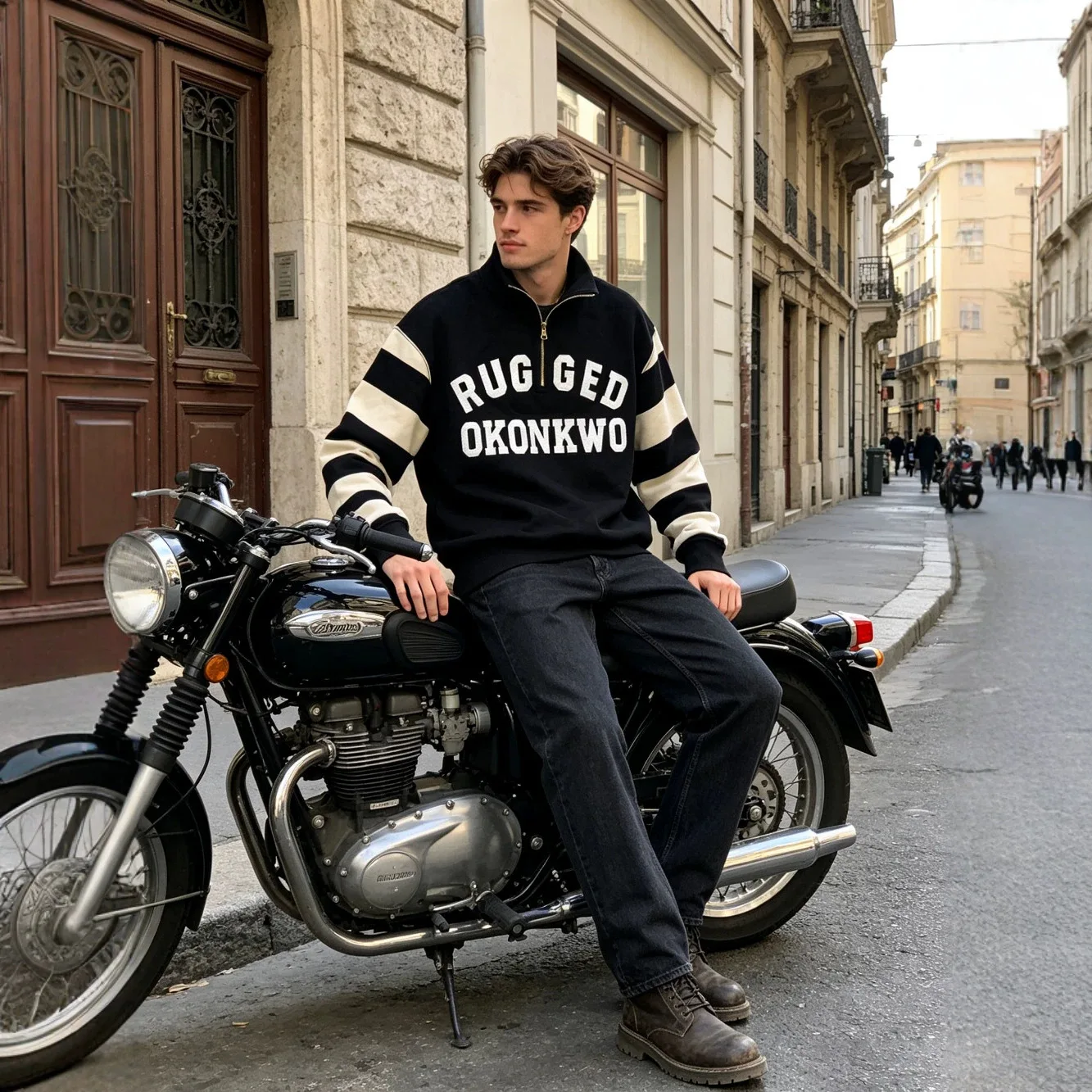 Sudadera de motociclista 100% algodón lavado, de peso pesado, estilo vintage americano, con rayas de prisionero, bordada, con media cremallera y cuello alto.