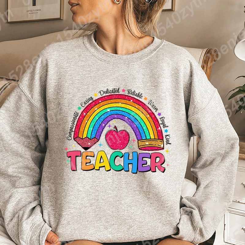 Teacher Rainbow Pencil Hoodless Sweatshirts Fashion Women\'s Clothing Casual Long-sleeved Winter Autumn Pullovers Round Neck Tops