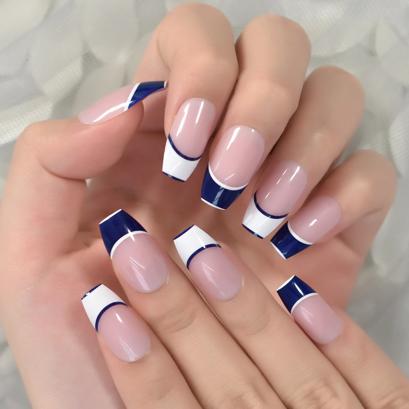 Unhas brilhantes grossas frança bule branco topo unhas falsas com abas curto caixão manicure atacado imprensa em unhas unhas falsas