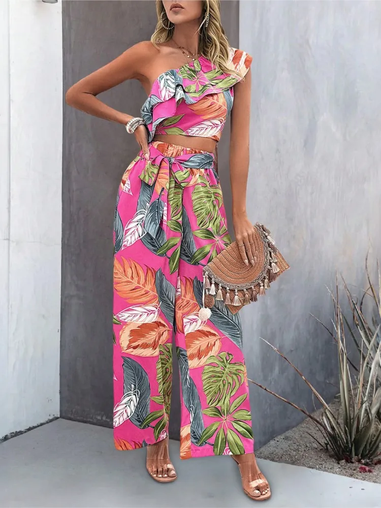 Women Vacation Two Piece Set 2025 Summer Off Shoulder Print Color Colorful Sleeveless Top High Waist Wide-Leg Pants 2 Piece Sets