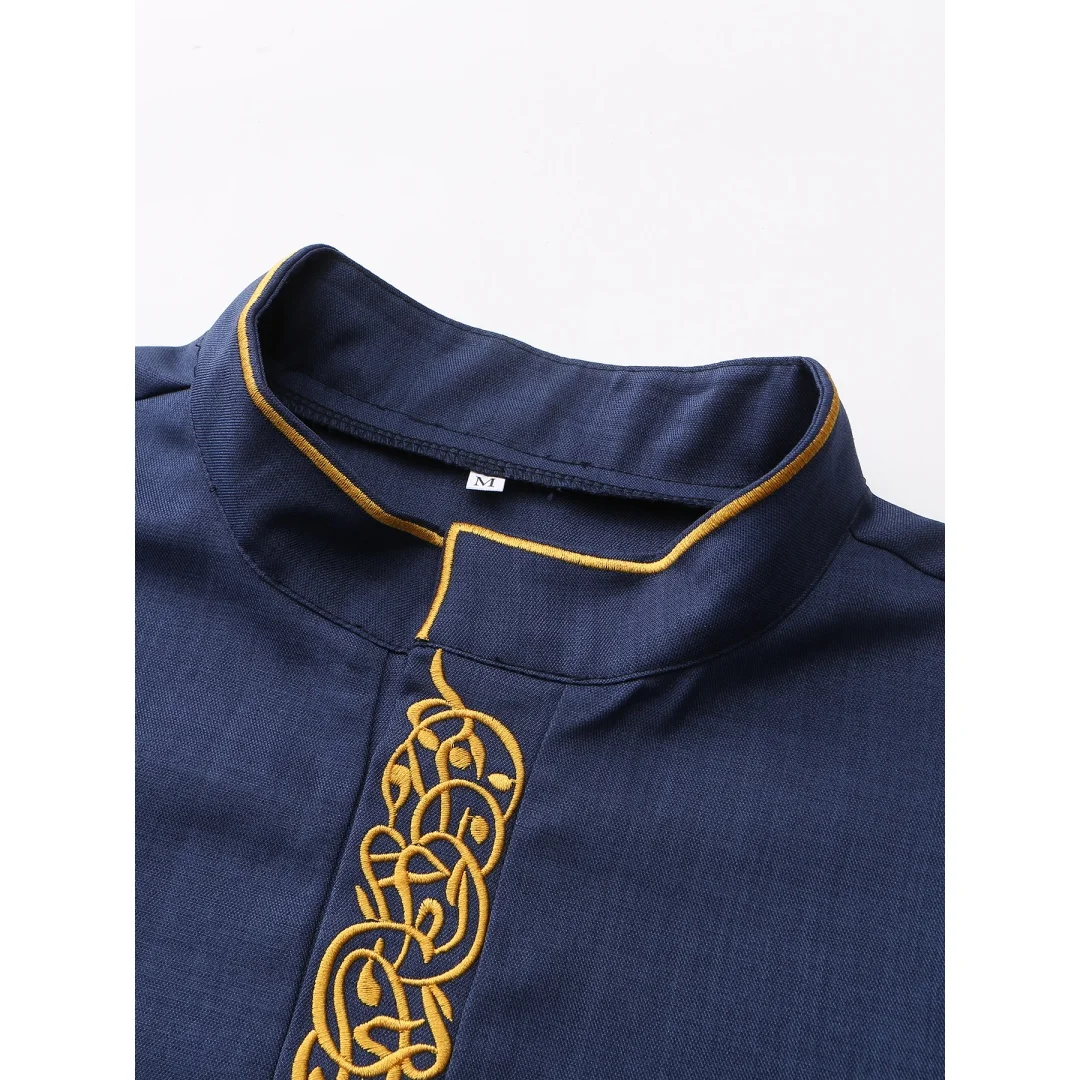 Traditional Islamic men's clothing: long-sleeved embroidered stand-collar men's robe, Arab ethnic style men's Muslim formal wear
