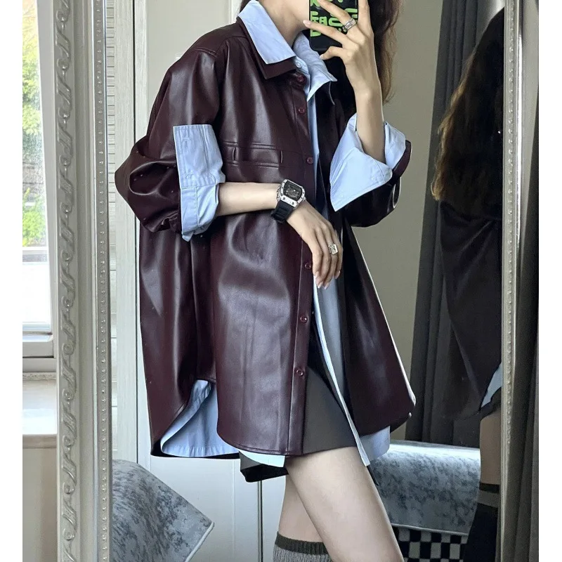 2025 Autumn Winter New Grape Purple PU Leather Women Vintage Jacket Versatile Shirt Fashion Set