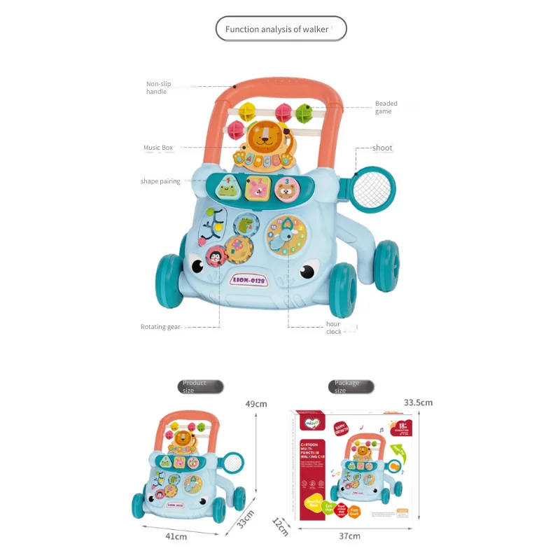 아기 보행기 장난감 유아 음악 학습 걷기 트레이너 팁 방지 다기능 푸시 보조 바퀴 활동 유모차 유아용