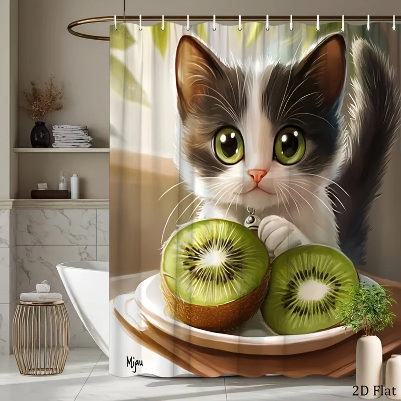 Cute Cat & Kiwi Fruit Shower Curtain, Funny Animal Eating Print Waterproof Bathroom Decor, Kawaii Pet Lover Home Bath Screen