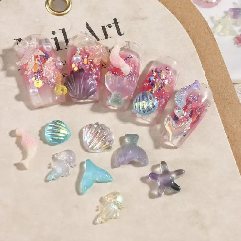 Serie de criaturas, dijes para uñas DIY, concha de medusa de varios estilos, decoraciones artísticas para uñas, cola de pez translúcida, estrella de mar marina
