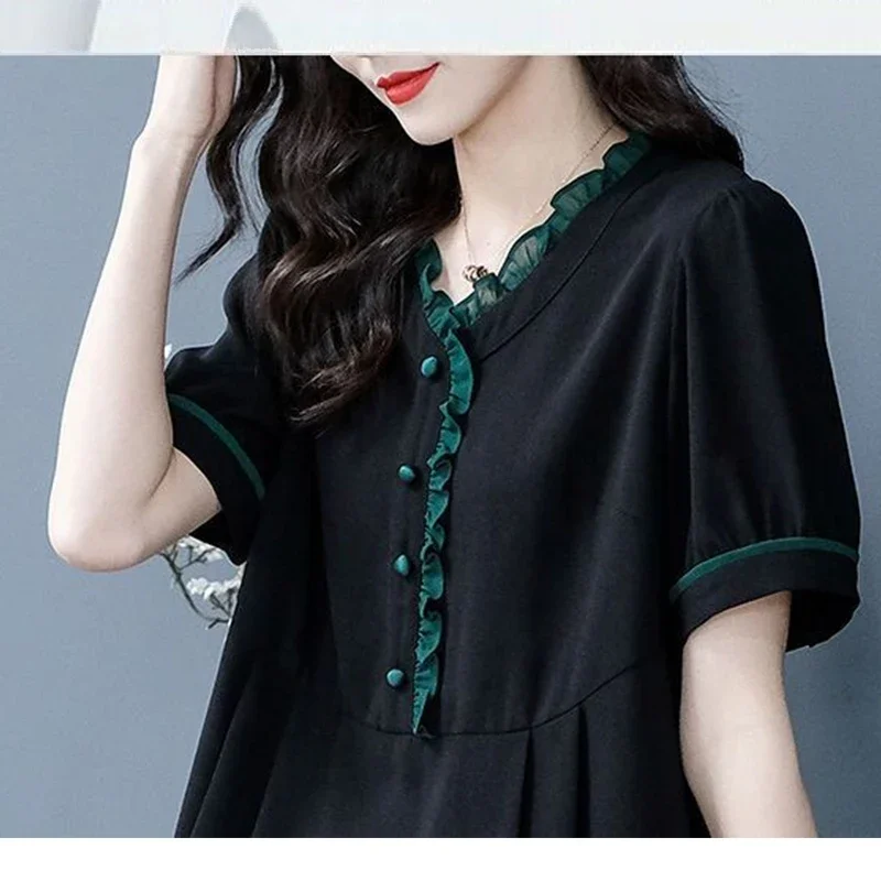 Summer New Oversized Ruffles Spliced Casual Shirt Lady Short Sleeve V-neck Loose All-match Pullover Tops Women's Elegant Blouse