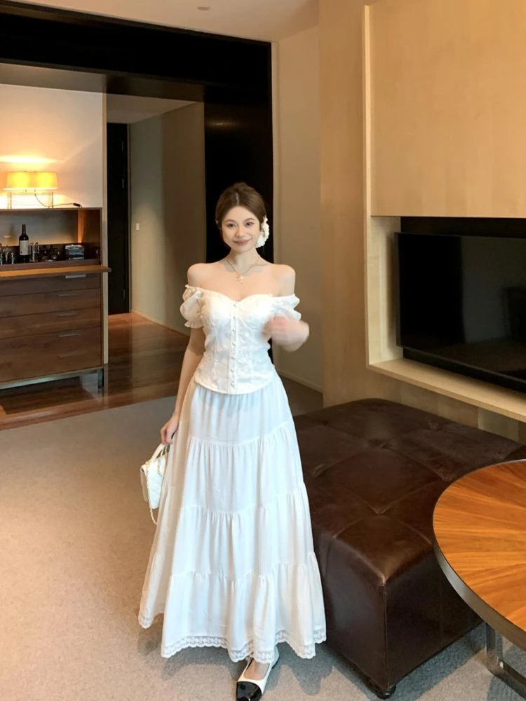

Retro spicy girl style one shoulder bubble sleeve chiffon shirt white cake skirt women's 2025 summer new elegant set