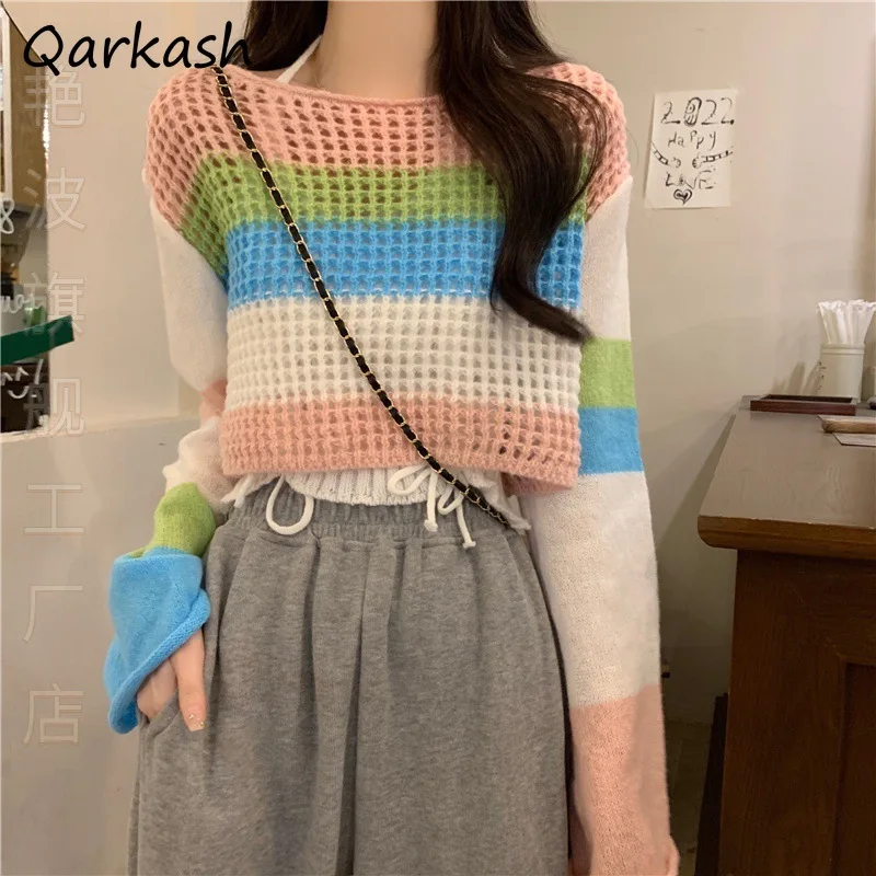 

Pullovers Women Stripe Halter Vest 2pcs Hollow Out Knit Tops Casual Vintage Loose Hign Street Confortable Cool Autumn Fashion