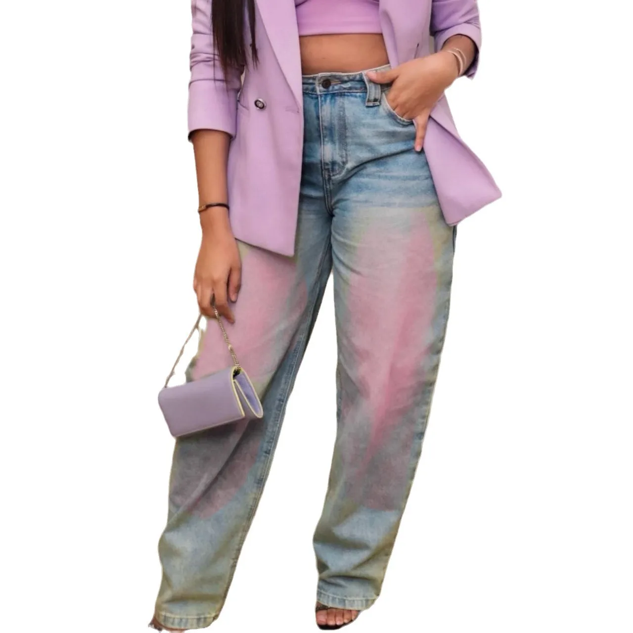 Straight Jeans Women Painted Denim Pants Mid Waist Distressed Floor Length Washed Vintage Denims Trousers Streetwear 2026