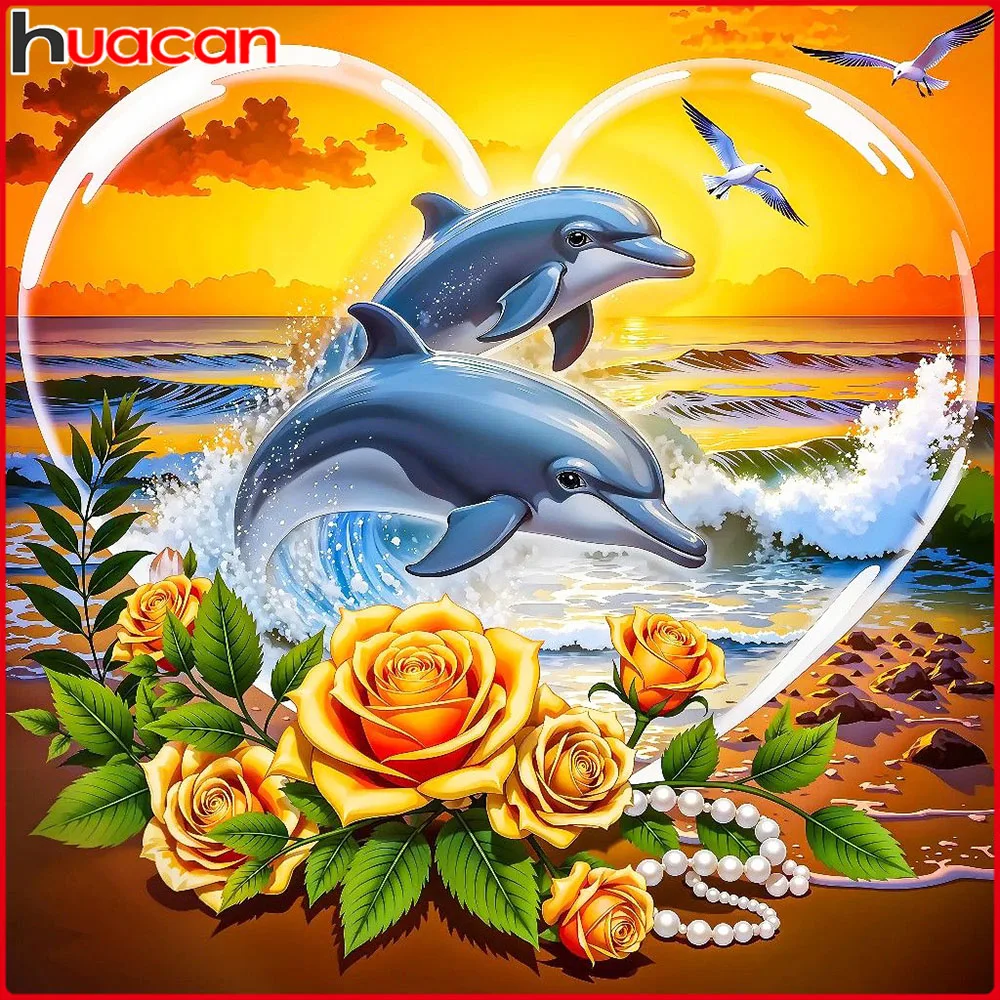 Huacan DIY Diamantmalerei Blumen Delfine Sonnenuntergang Diamant-Mosaik Tier Komplettset Dekorative Gemälde