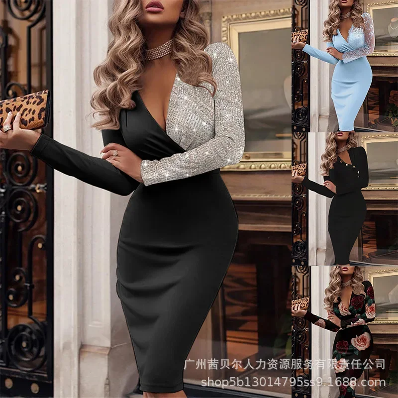 

Women Sexy Dress Sequins Wrap Hip Dresses V Neck Full Sleeve Lace Splice Irregular Elegant Vestidos Slim Fit Solid Sheath