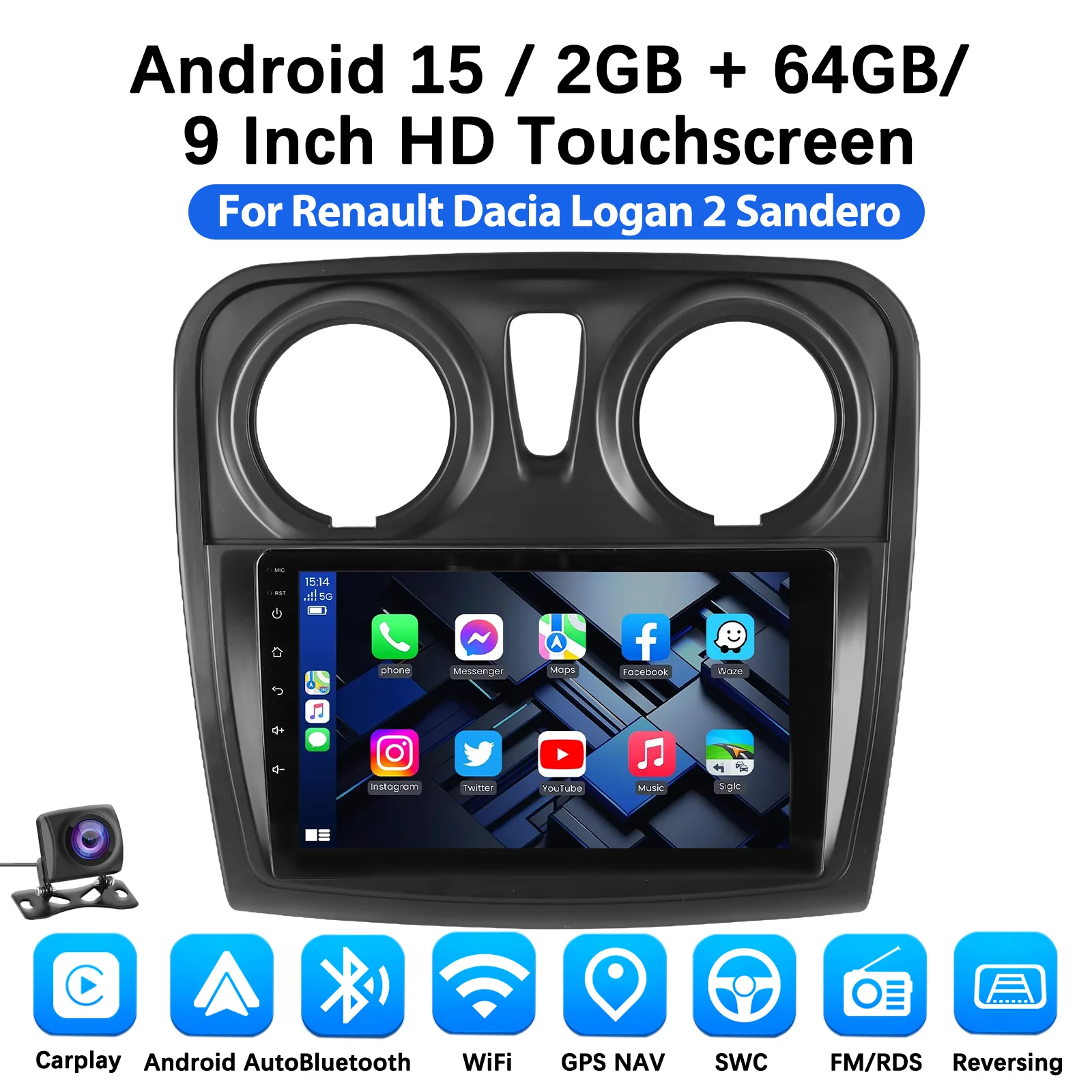 DAB+ Android 15 autoradio voor Renault Logan 2 2012 - 2019 Sandero 2 2014 - 2019 Multimedia Navigatie Carplay Head Unit 2 Din